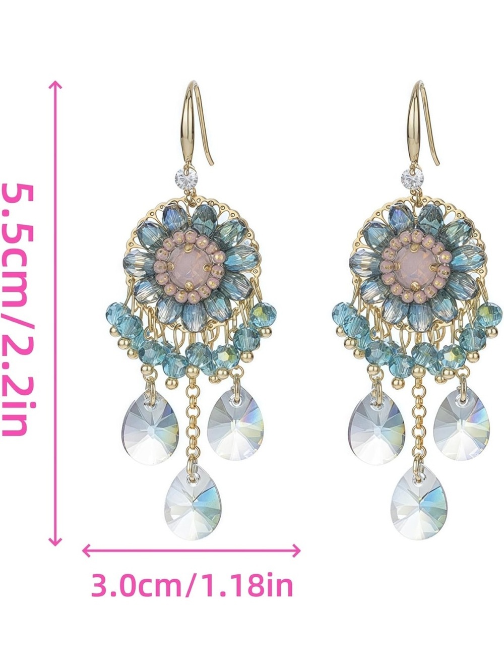 Anthropologie Gold-Tone Blue and Pink Crystal Chandelier Earrings - Picture 2 of 6